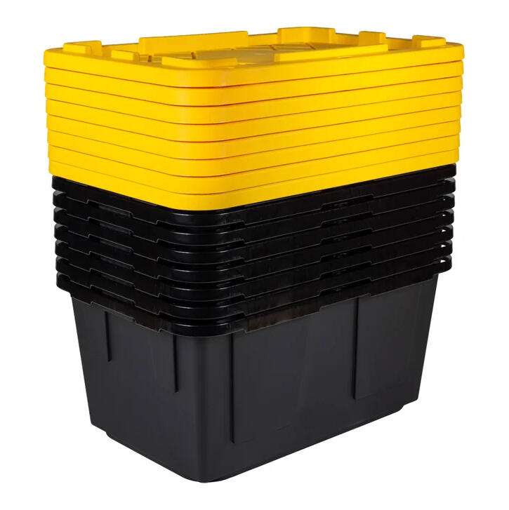 A nested stack of Cascade black and yellow moving totes